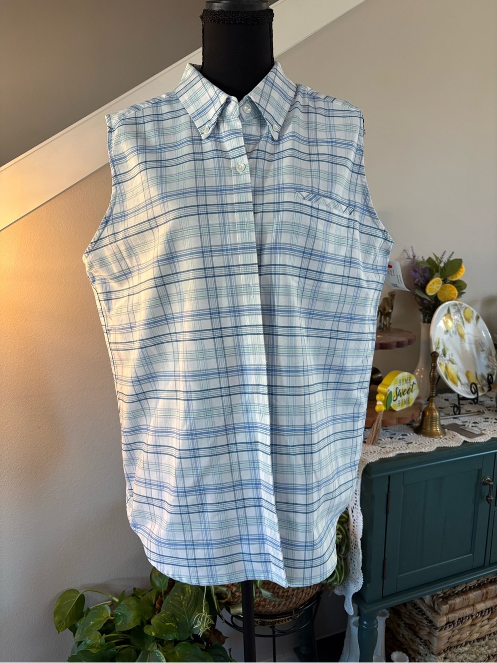 Cabin Creek Blue & White Plaid Sleeveless Button-Down Shirt